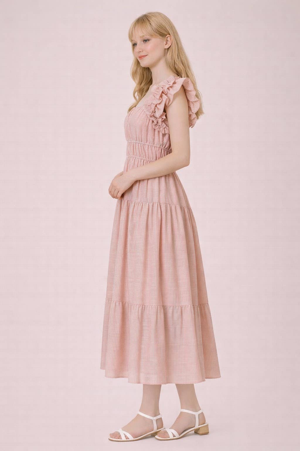 ND32033-Shoulder Ruffle Detail Stripe Midi Dress: GREEN / S-M-L/2-2-2