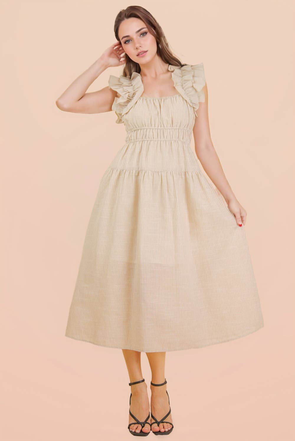 ND32033-Shoulder Ruffle Detail Stripe Midi Dress: GREEN / S-M-L/2-2-2