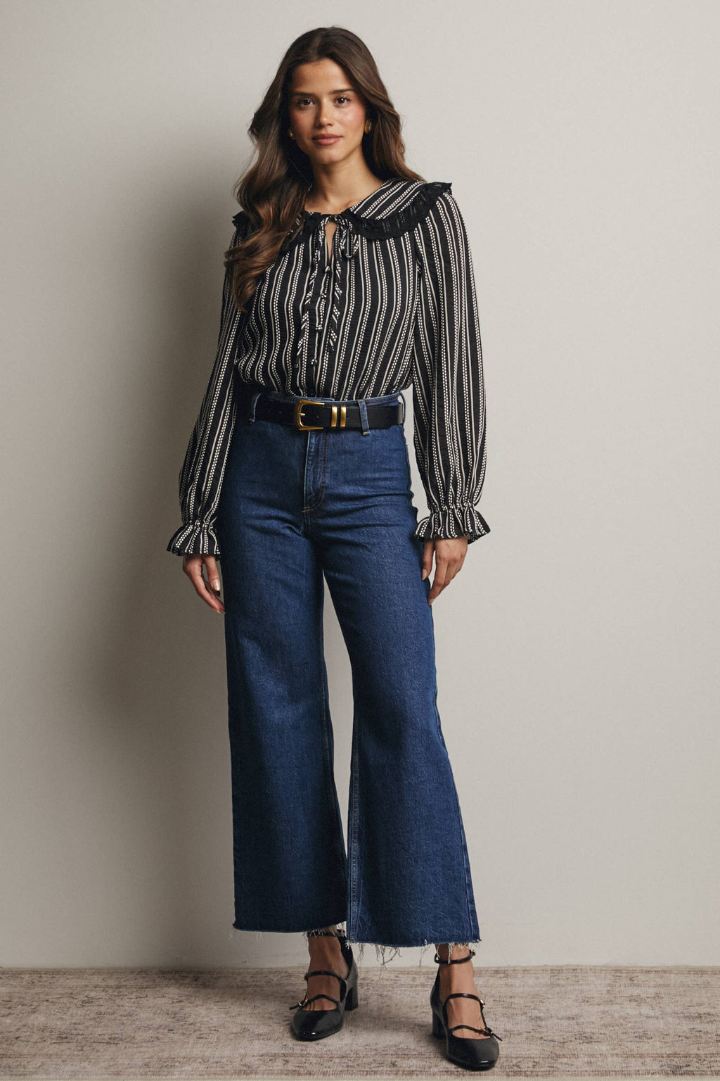 Black Embroidered Collar Textured Blouse