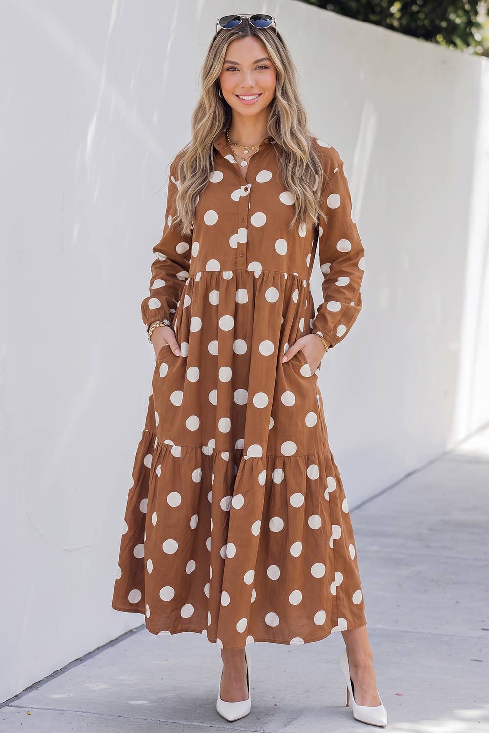 PRE ORDER Polka Dot Button Front Long Sleeve Shift Dress Brown (ETA 8/9)