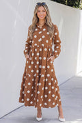 PRE ORDER Polka Dot Button Front Long Sleeve Shift Dress Brown (ETA 8/9)