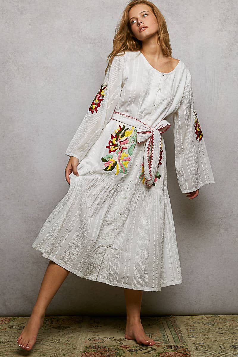 POL Embroidery Pintuck Belt Long Sleeve Roomy Fit Dress OFF WHITE