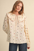 EMBROIDERED FLORAL OVERSIZED COLLAR BUTTON DOWN TOP MTP5153: CREAM / L
