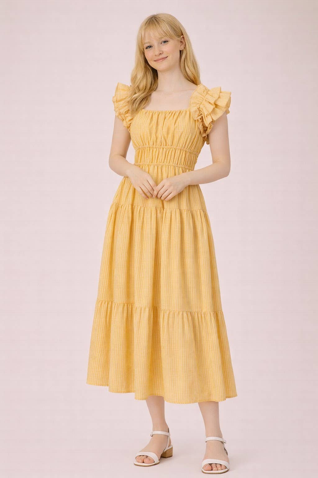 ND32033-Shoulder Ruffle Detail Stripe Midi Dress: GREEN / S-M-L/2-2-2