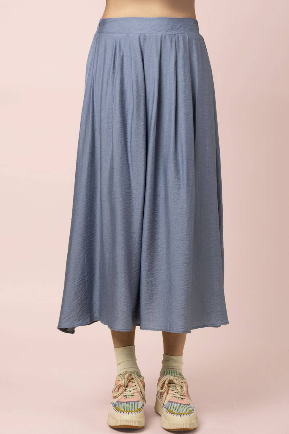NT12643SET-Pleated Bubble Blouse Top & Midi Skirt Set: DENIM / S-M-L/2-2-2