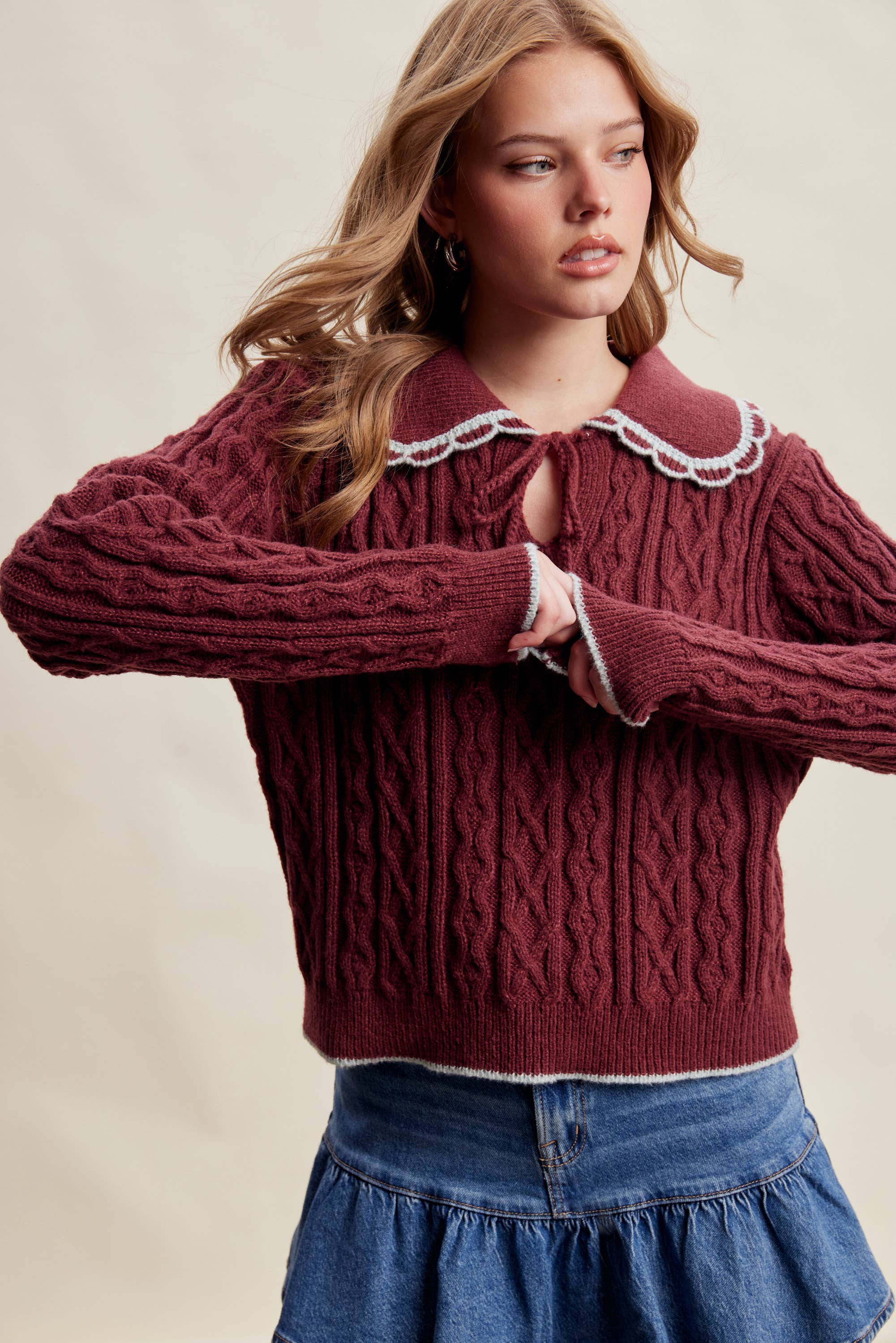 Scalloped Collar Cable Knit Sweater Sangria