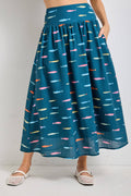 FISH PRINT SMOCKED BACK WAIST MIDI SKIRT TEAL