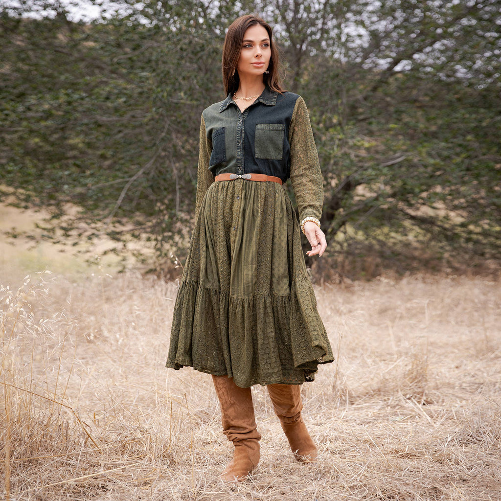 Vintage Bohemian Tiered Midi Dress - Boho Eyelet NEW: GRAVEL / REGULAR (S-M-L-XL 2-2-2-1)