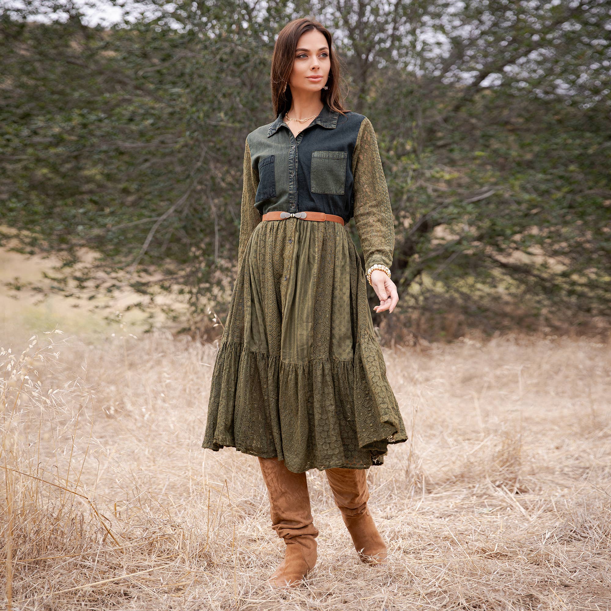 Vintage Bohemian Tiered Midi Dress - Boho Eyelet NEW: GRAVEL / REGULAR (S-M-L-XL 2-2-2-1)