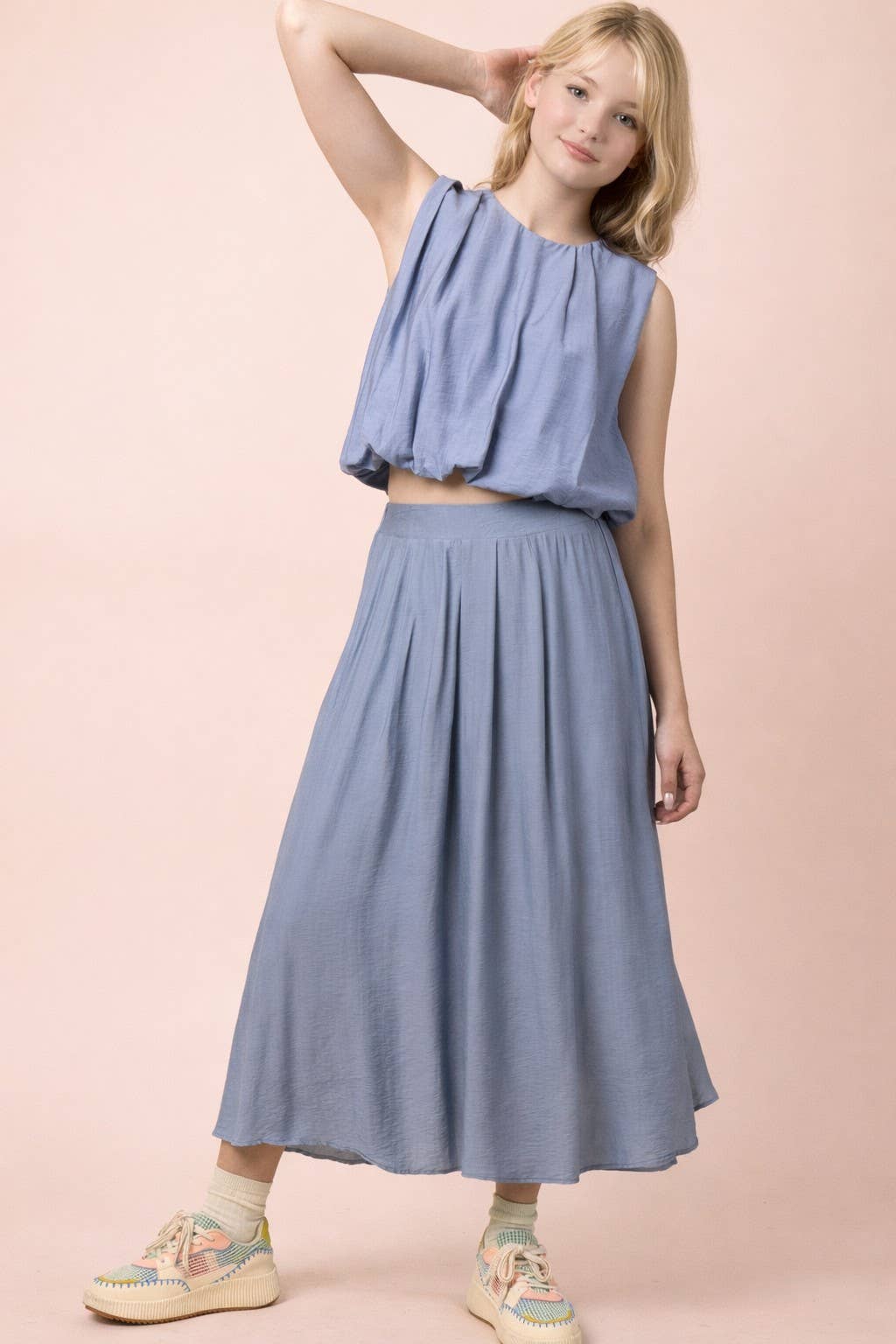 NT12643SET-Pleated Bubble Blouse Top & Midi Skirt Set: DENIM / S-M-L/2-2-2