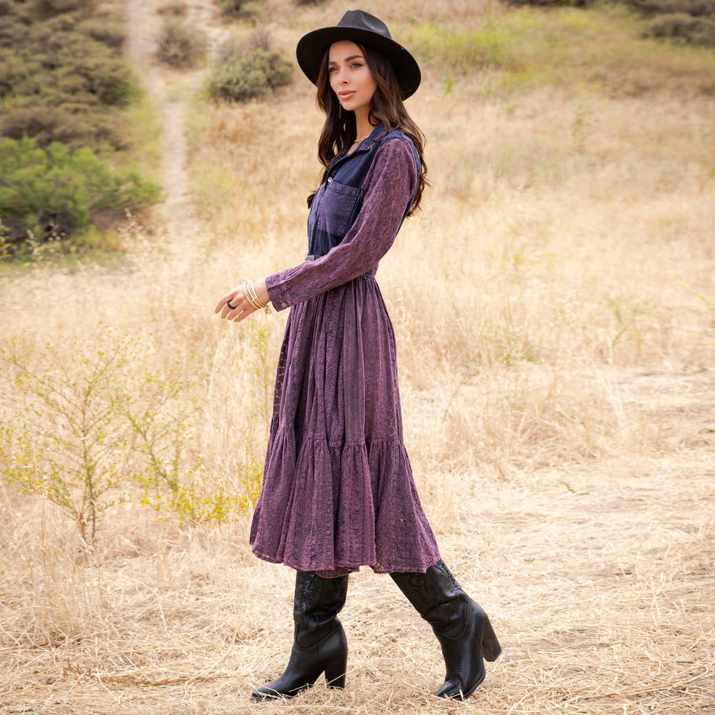 Vintage Bohemian Tiered Midi Dress - Boho Eyelet NEW: GRAVEL / REGULAR (S-M-L-XL 2-2-2-1)