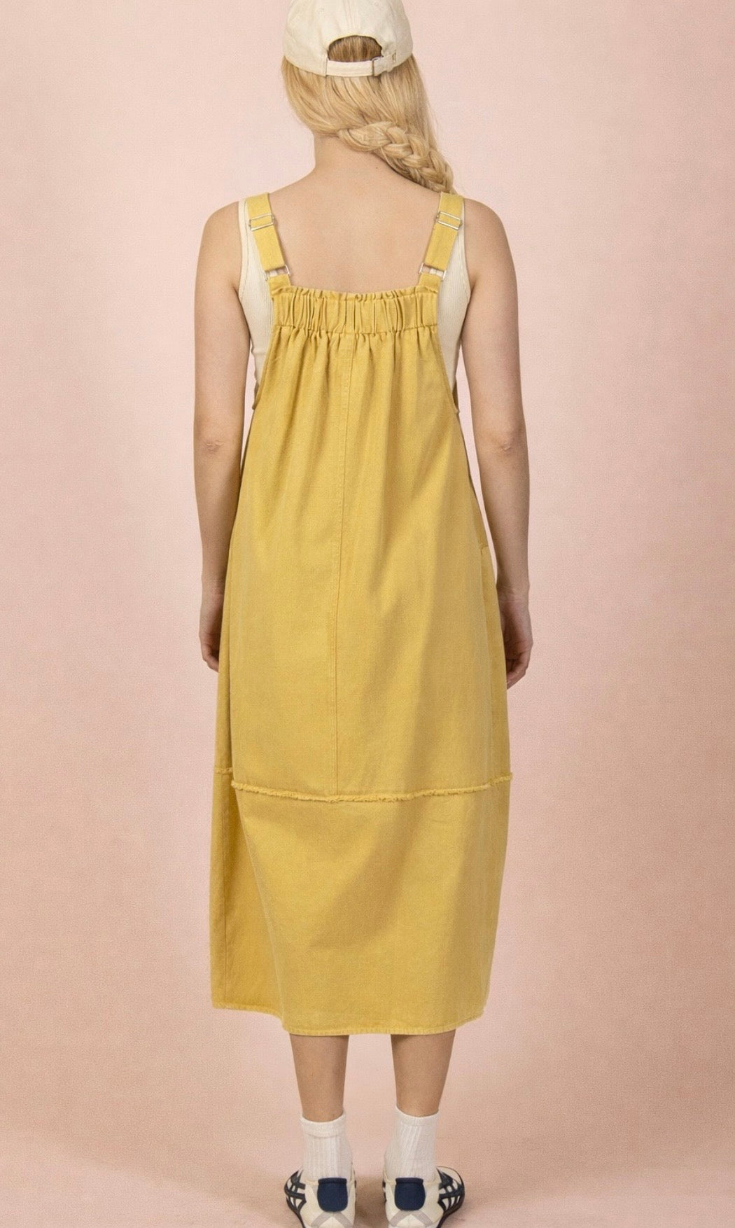 Butter Yellow Mineral Washed Denim Overall Casual Midi Dress