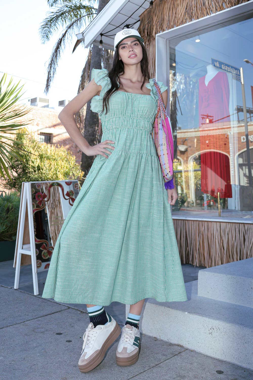 ND32033-Shoulder Ruffle Detail Stripe Midi Dress: GREEN / S-M-L/2-2-2