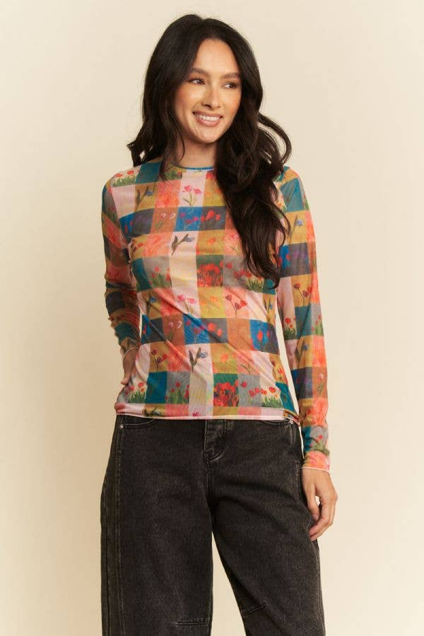 Floral Checker Patchwork Print Mesh Long Sleeve Top Plus Size