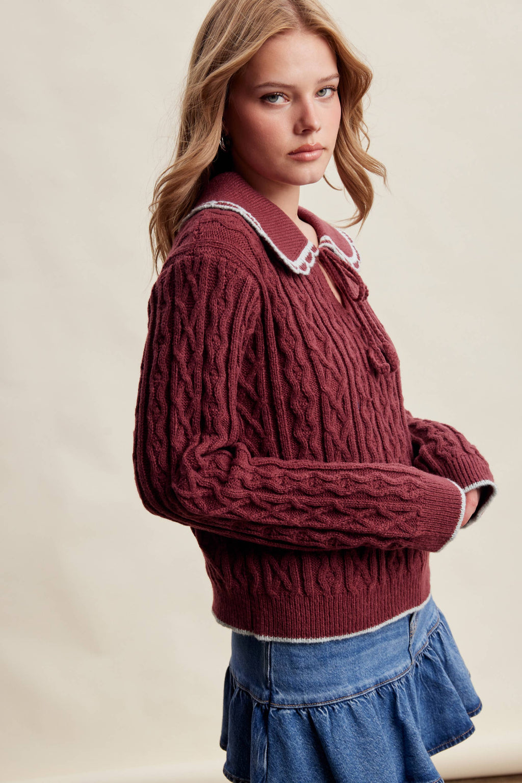 Scalloped Collar Cable Knit Sweater Sangria