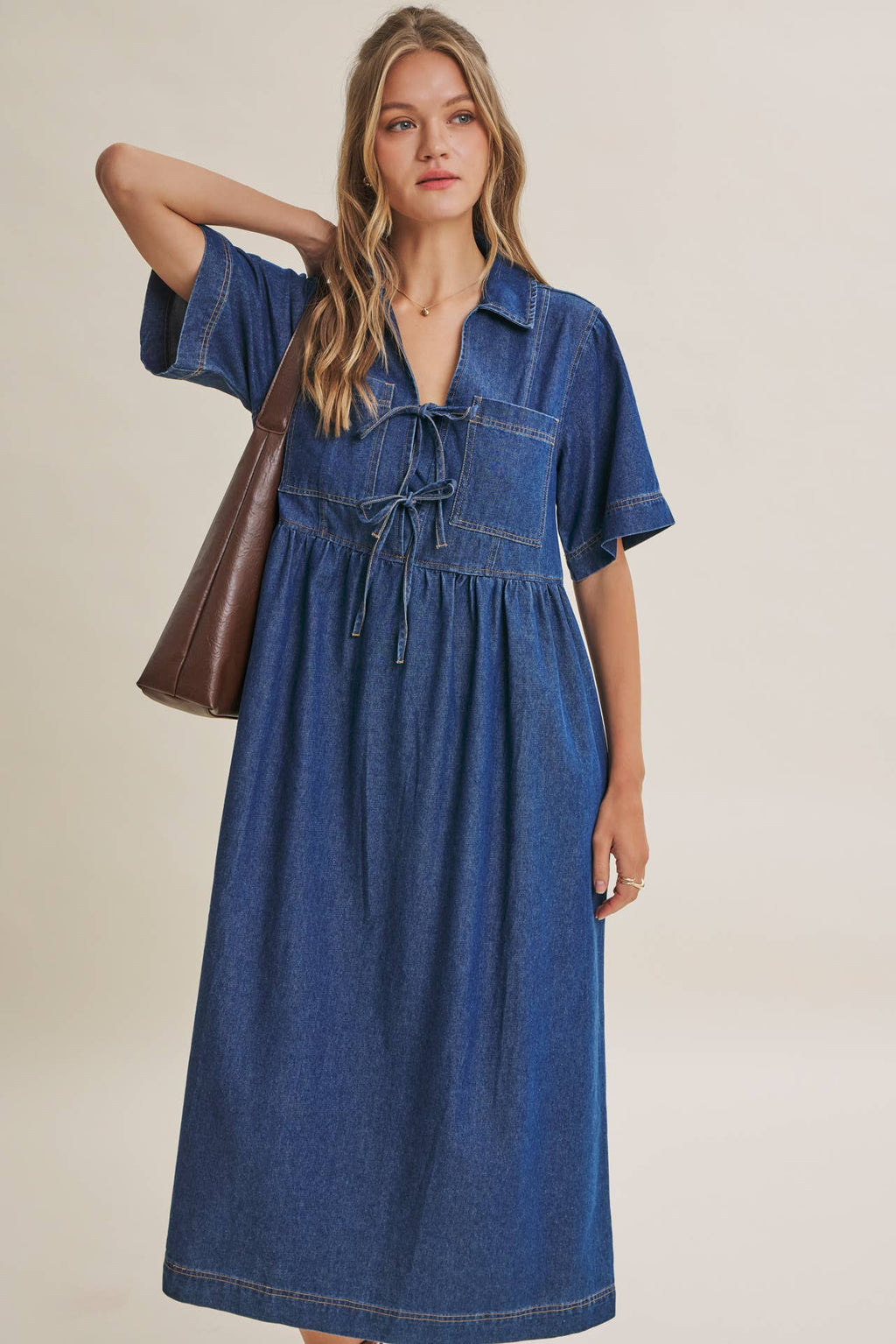 DENIM WASHED BOW-FRONT MIDI DRESS
