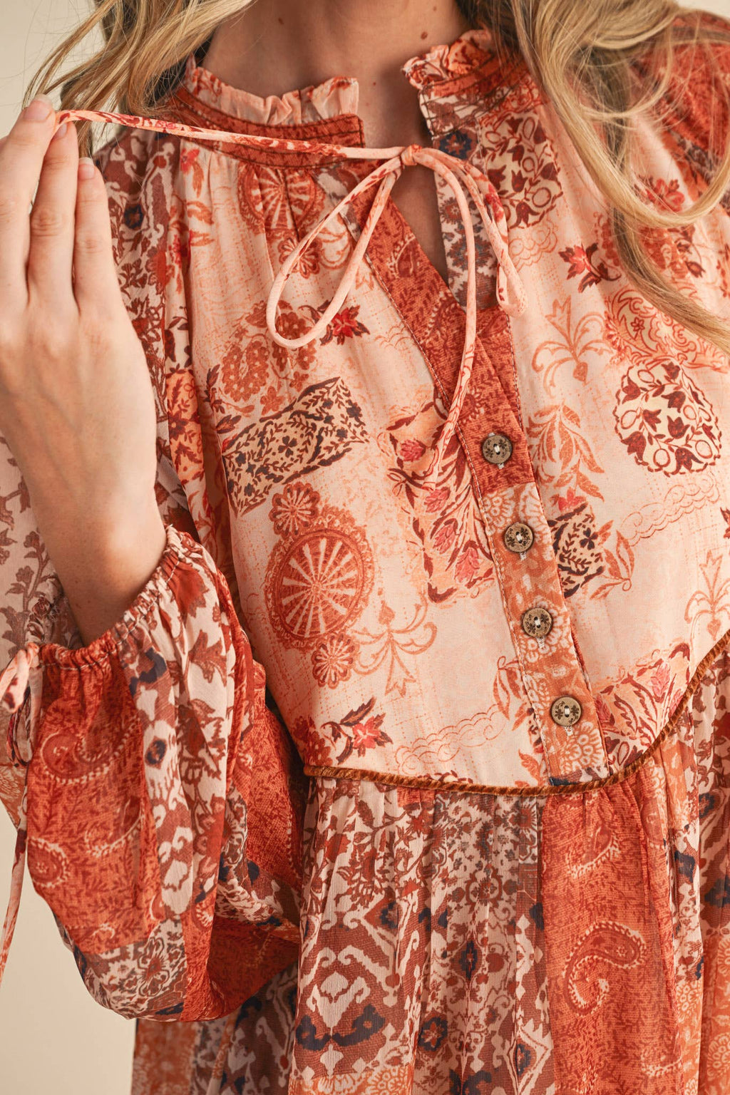 PATCHWORK PRINT MIDI DRESS RUST MULTI FLORAL