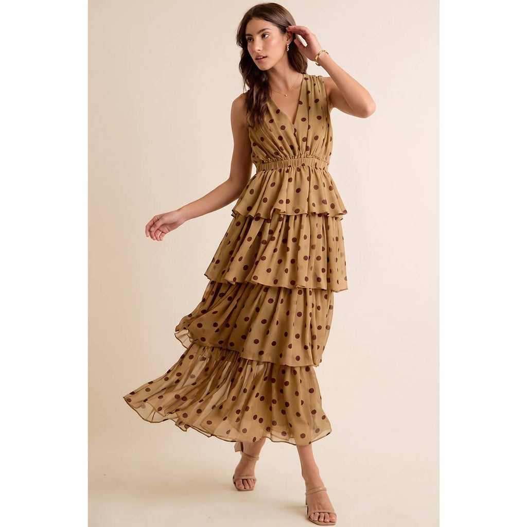 POLKA DOT CHIFFON TIERED MAXI LINED SLEEVELESS DRESS: BROWN/PINK / S