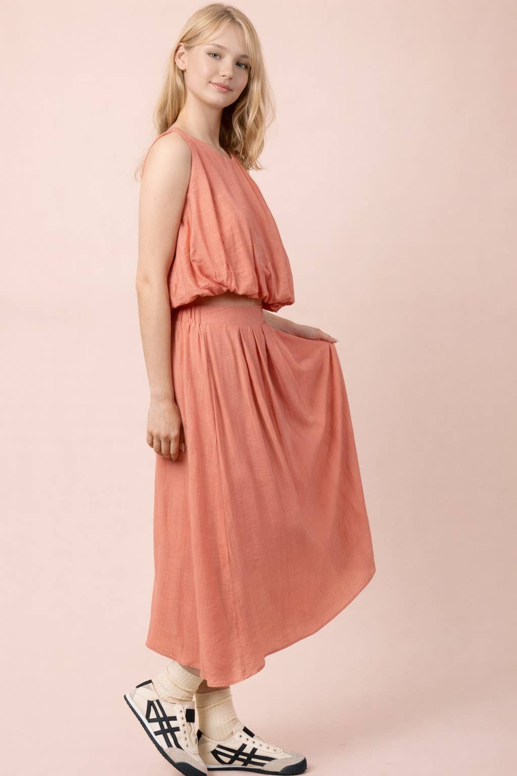NT12643SET-Pleated Bubble Blouse Top & Midi Skirt Set: DENIM / S-M-L/2-2-2