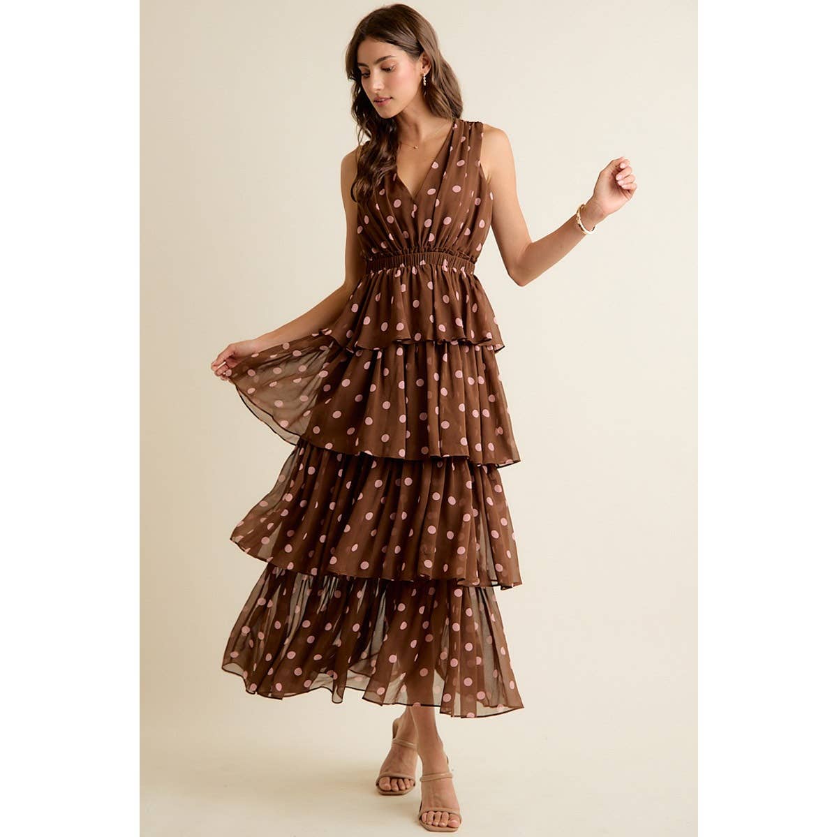 POLKA DOT CHIFFON TIERED MAXI LINED SLEEVELESS DRESS: BROWN/PINK / S