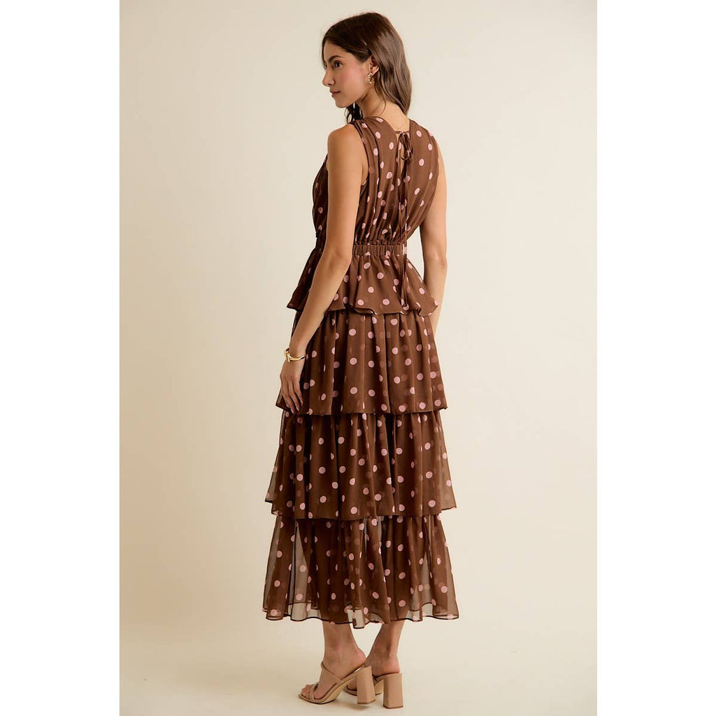 POLKA DOT CHIFFON TIERED MAXI LINED SLEEVELESS DRESS: BROWN/PINK / S