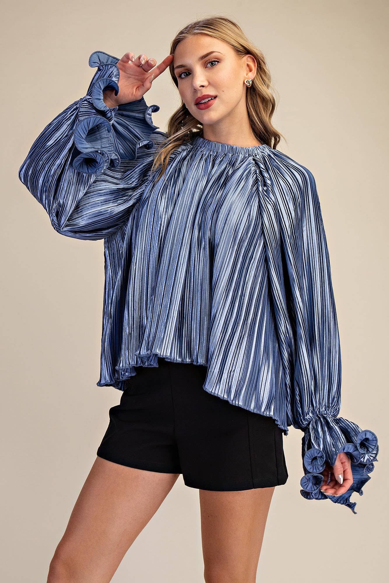 Pleated Full Ruffles Top Slate Blue