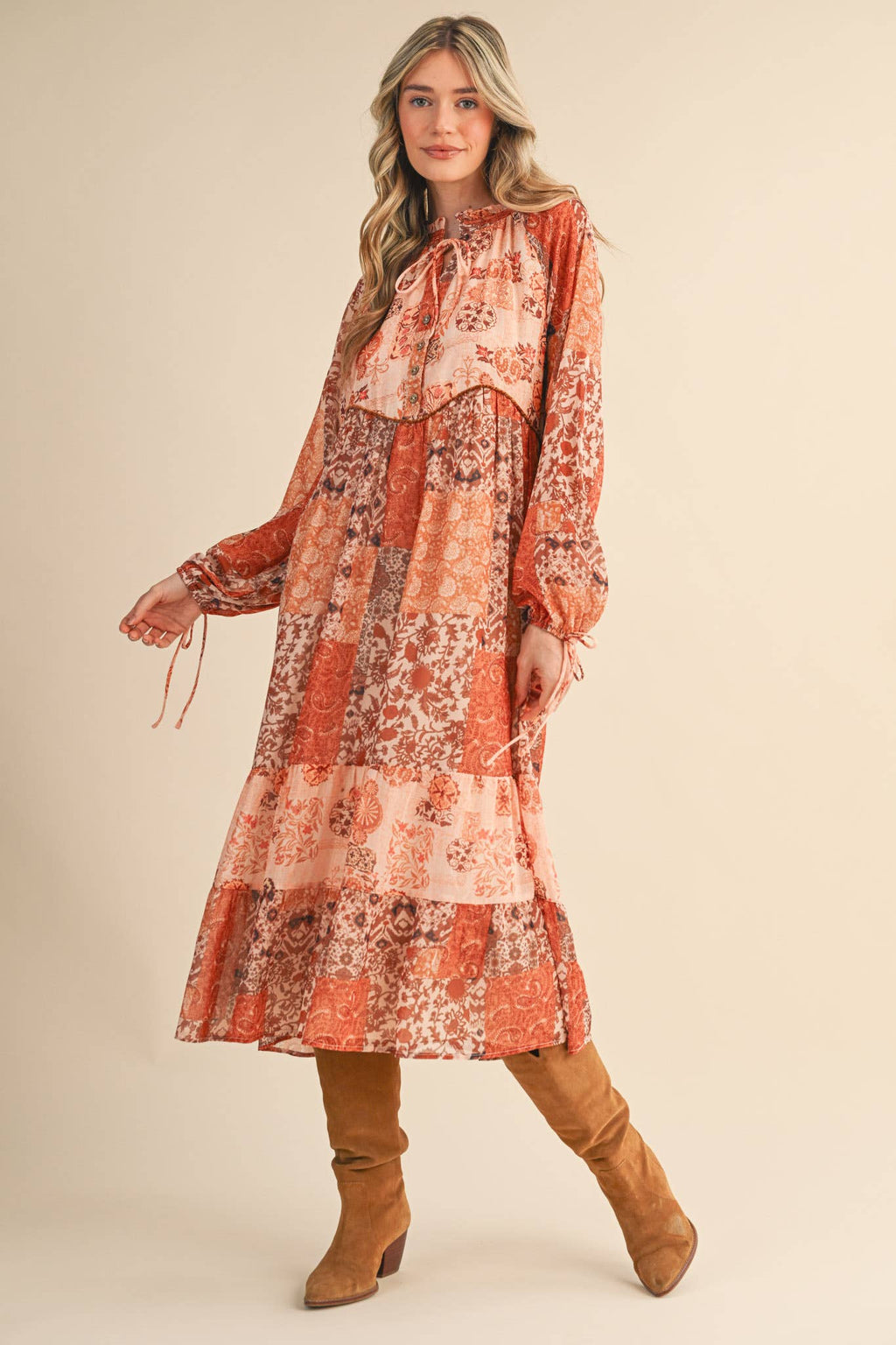 PATCHWORK PRINT MIDI DRESS RUST MULTI FLORAL