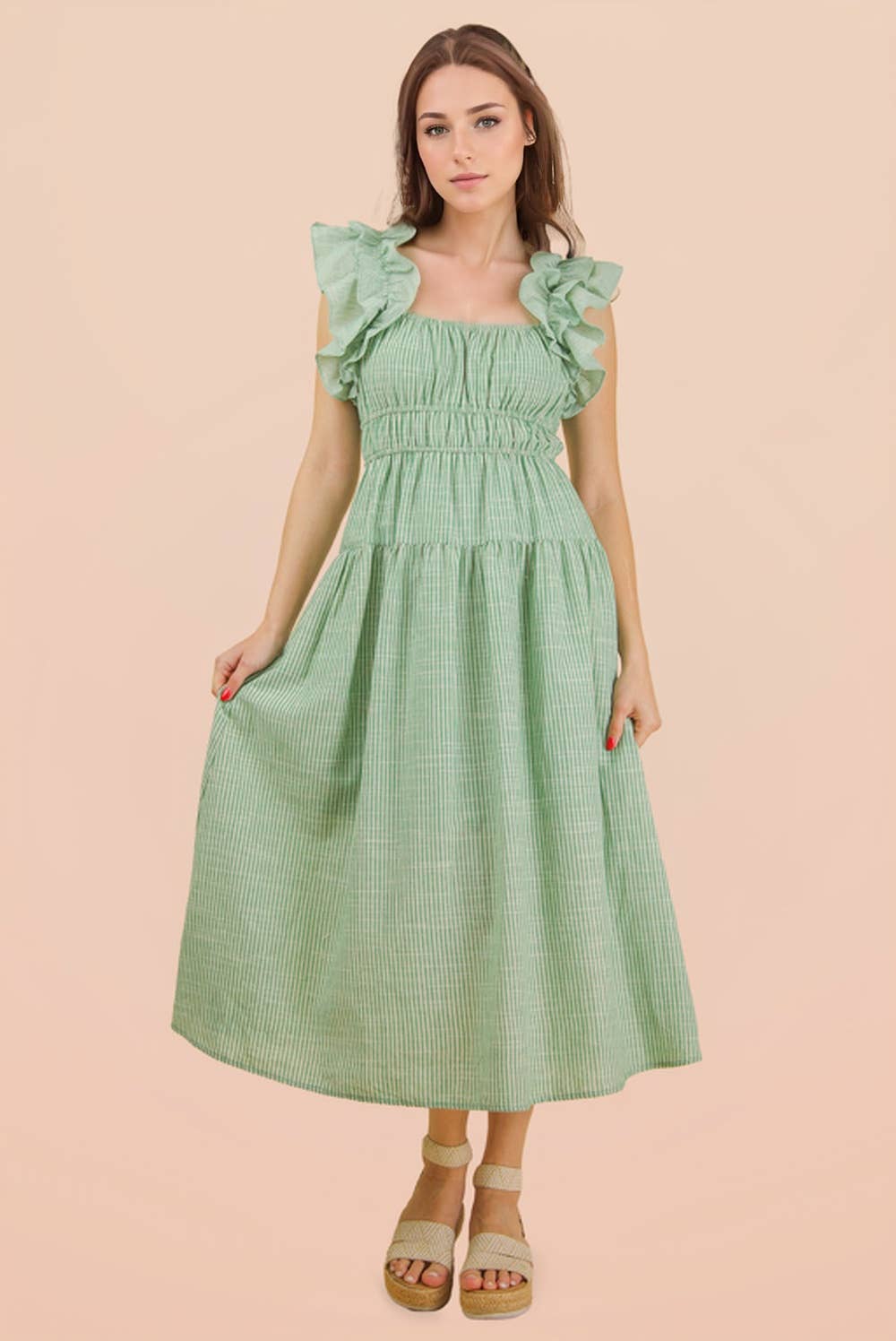 ND32033-Shoulder Ruffle Detail Stripe Midi Dress: GREEN / S-M-L/2-2-2