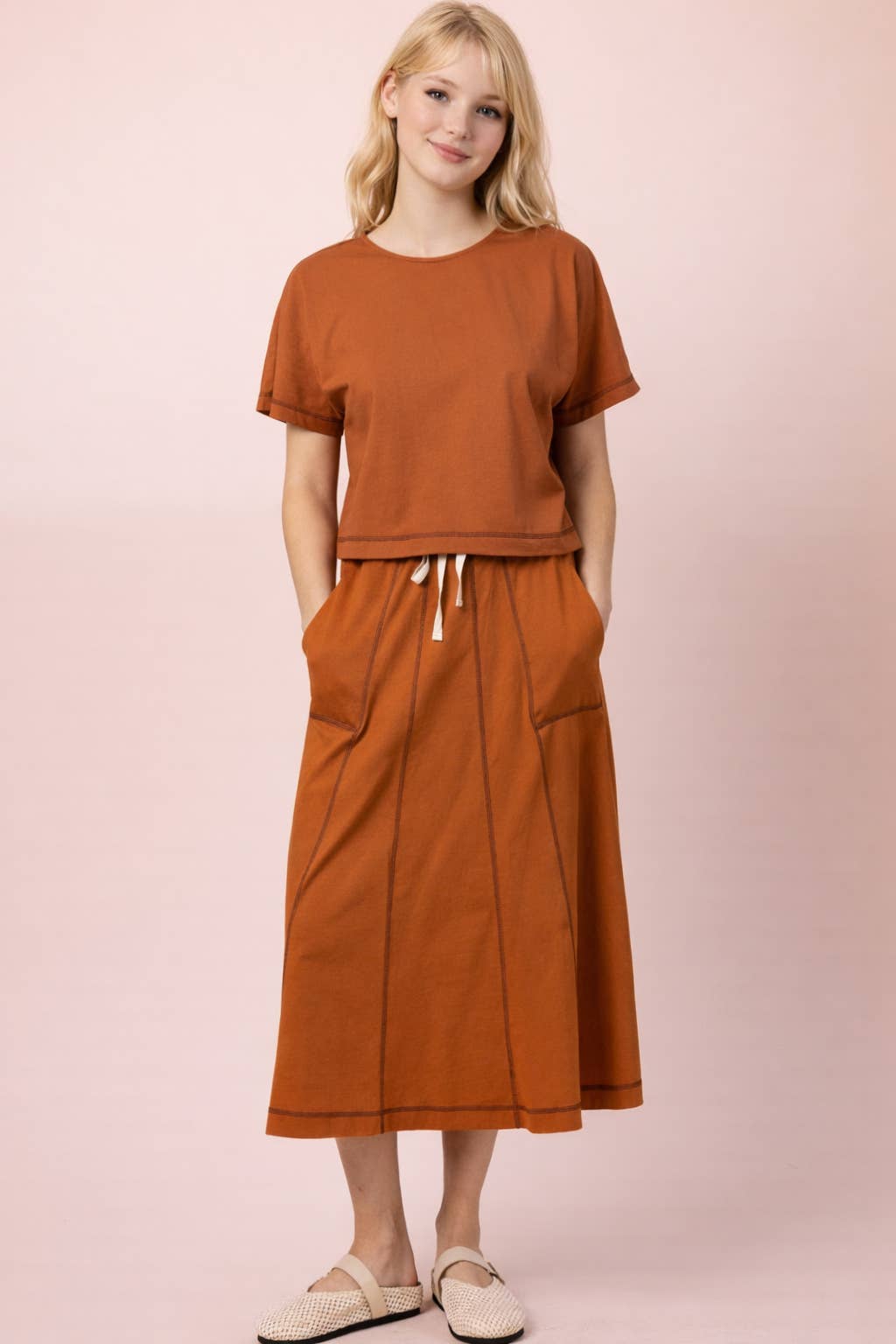 NT12673-Stitch Detail Casual Knit Top: TOMATO / S-M-L/2-2-2