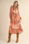 PATCHWORK PRINT MIDI DRESS RUST MULTI FLORAL