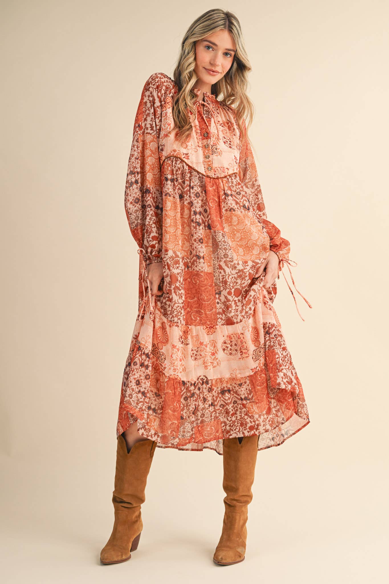 PATCHWORK PRINT MIDI DRESS RUST MULTI FLORAL