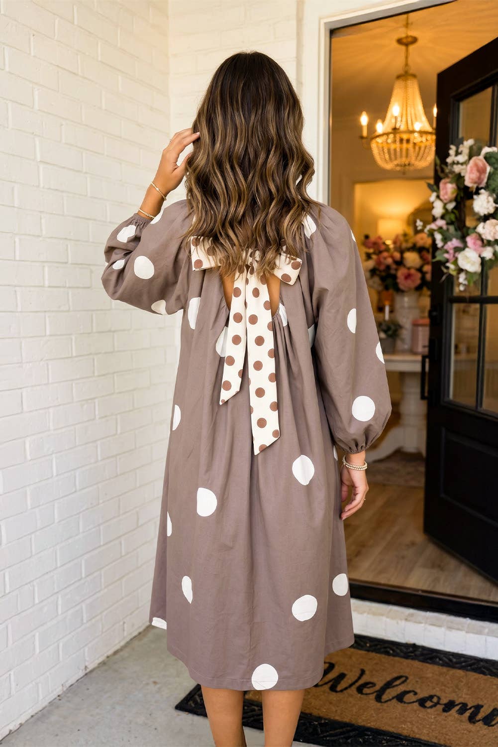 PRE ORDER Polka Dot Bow Knot Back Shift Midi Dress Brown (9/5)