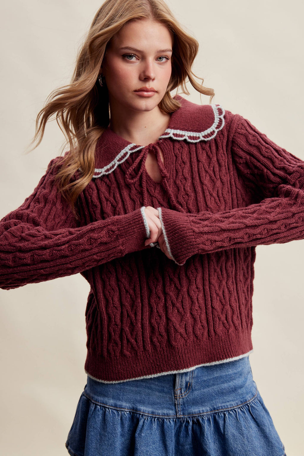 Scalloped Collar Cable Knit Sweater Sangria