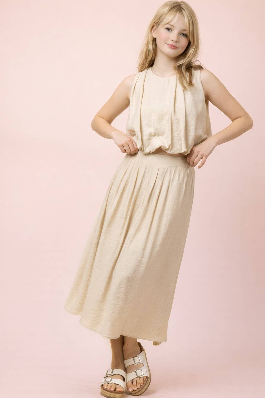 NT12643SET-Pleated Bubble Blouse Top & Midi Skirt Set: DENIM / S-M-L/2-2-2