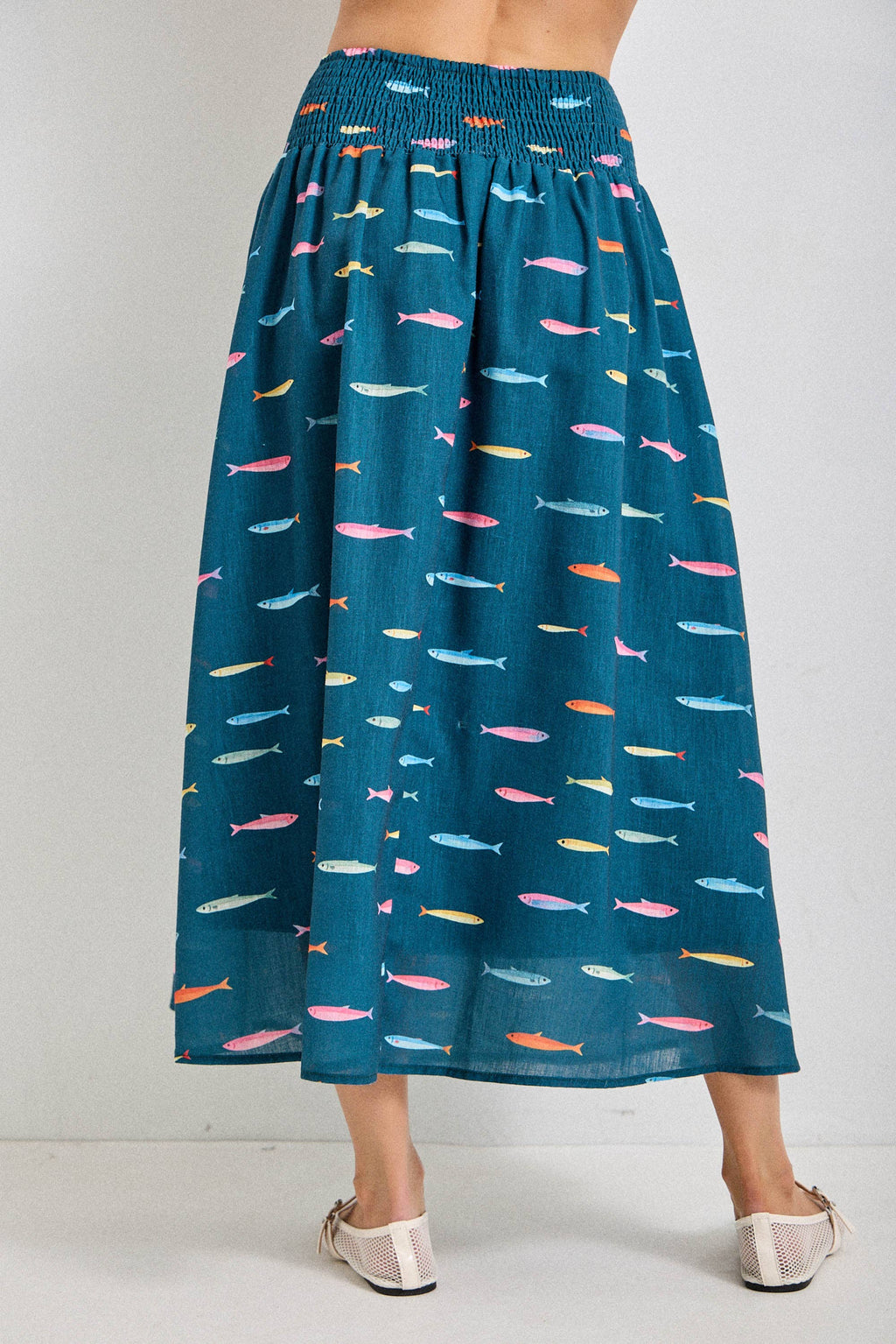 FISH PRINT SMOCKED BACK WAIST MIDI SKIRT TEAL