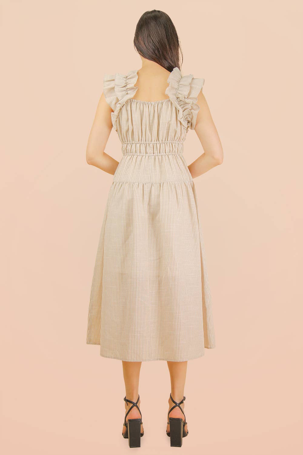 ND32033-Shoulder Ruffle Detail Stripe Midi Dress: GREEN / S-M-L/2-2-2