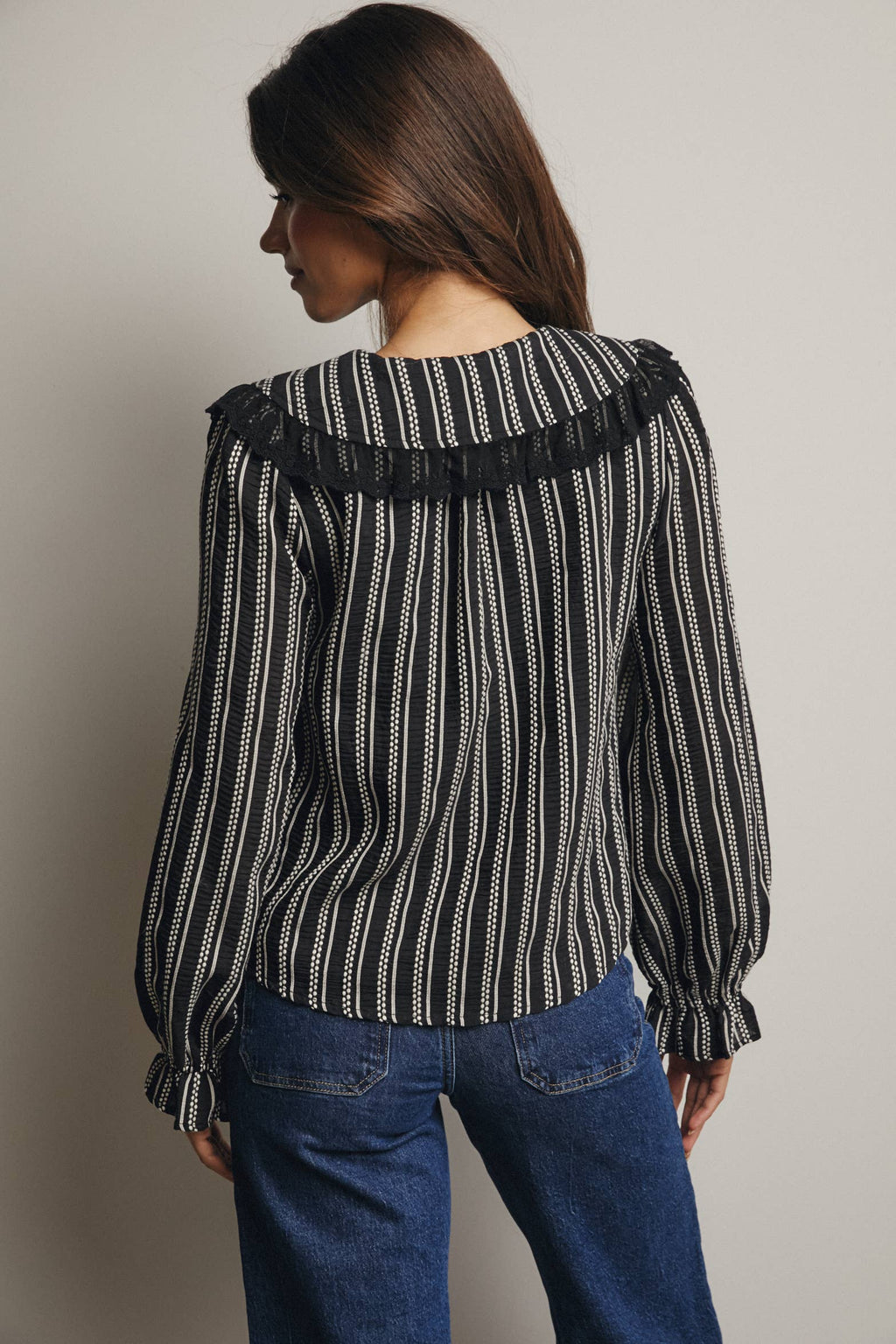 Black Embroidered Collar Textured Blouse