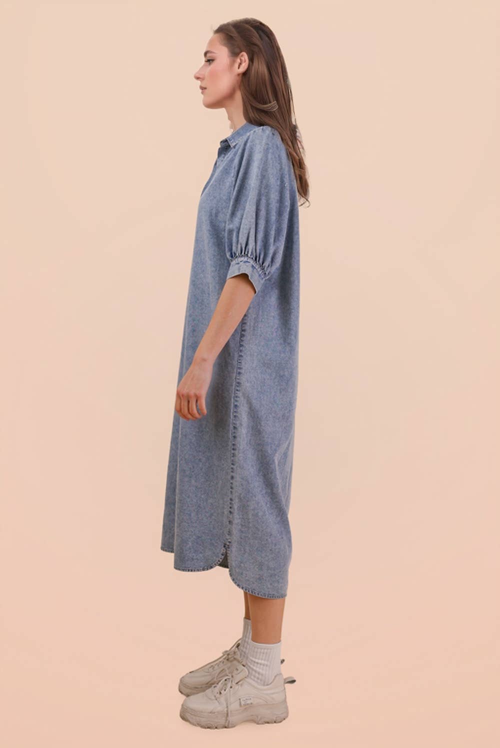 Washed Denim Casual Shirt Midi Dress Indigo