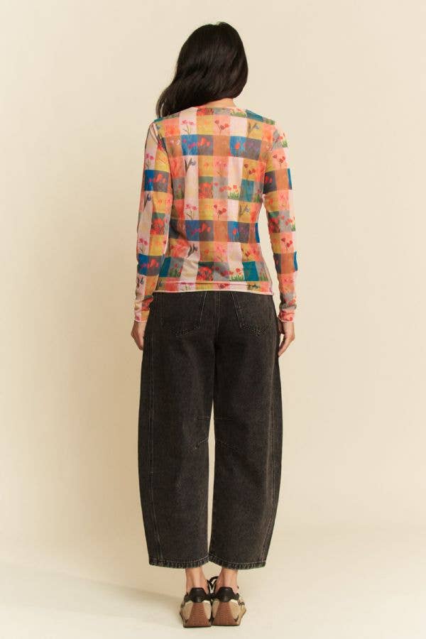 Floral Checker Patchwork Print Mesh Long Sleeve Top Plus Size