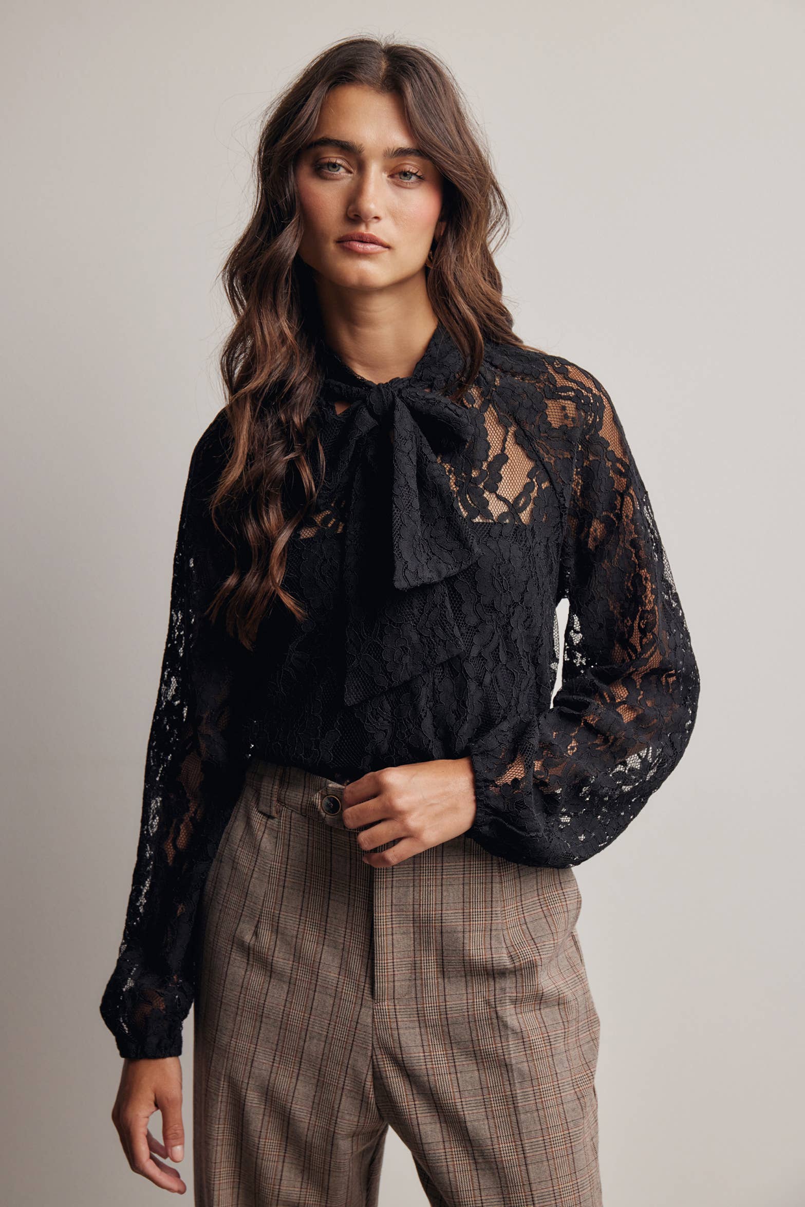 Sheer Lace Tie Neck Blouse Black