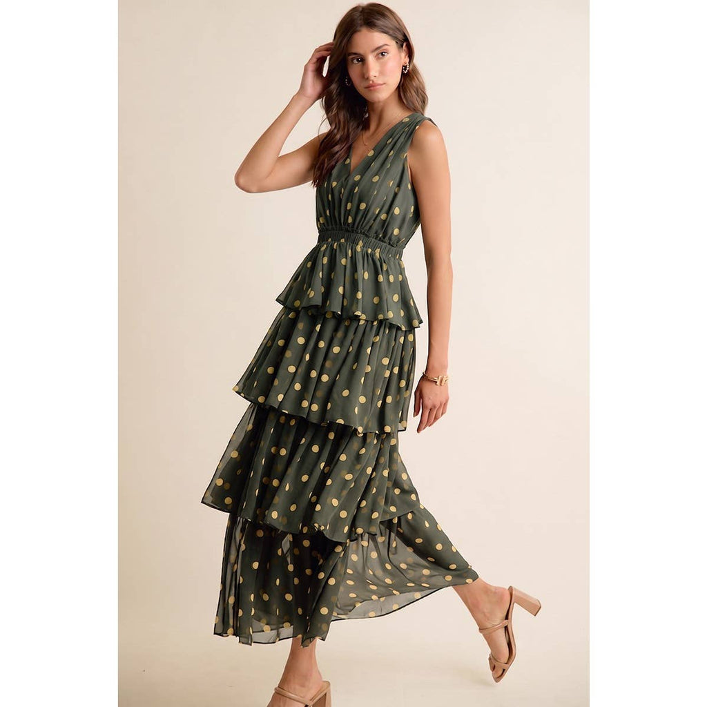 POLKA DOT CHIFFON TIERED MAXI LINED SLEEVELESS DRESS: BROWN/PINK / S