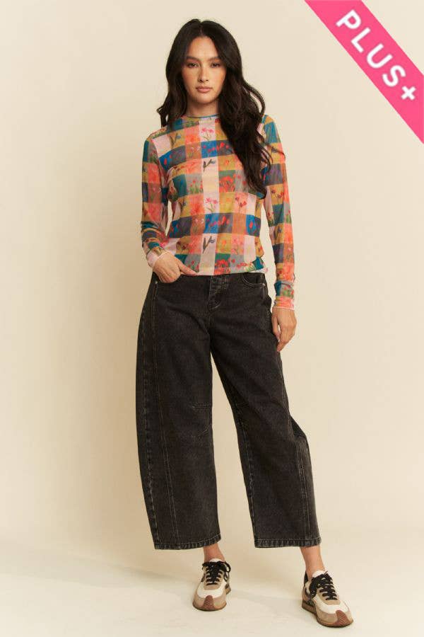 Floral Checker Patchwork Print Mesh Long Sleeve Top Plus Size