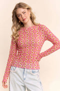 Retro Floral Print Long Sleeve Mesh Top