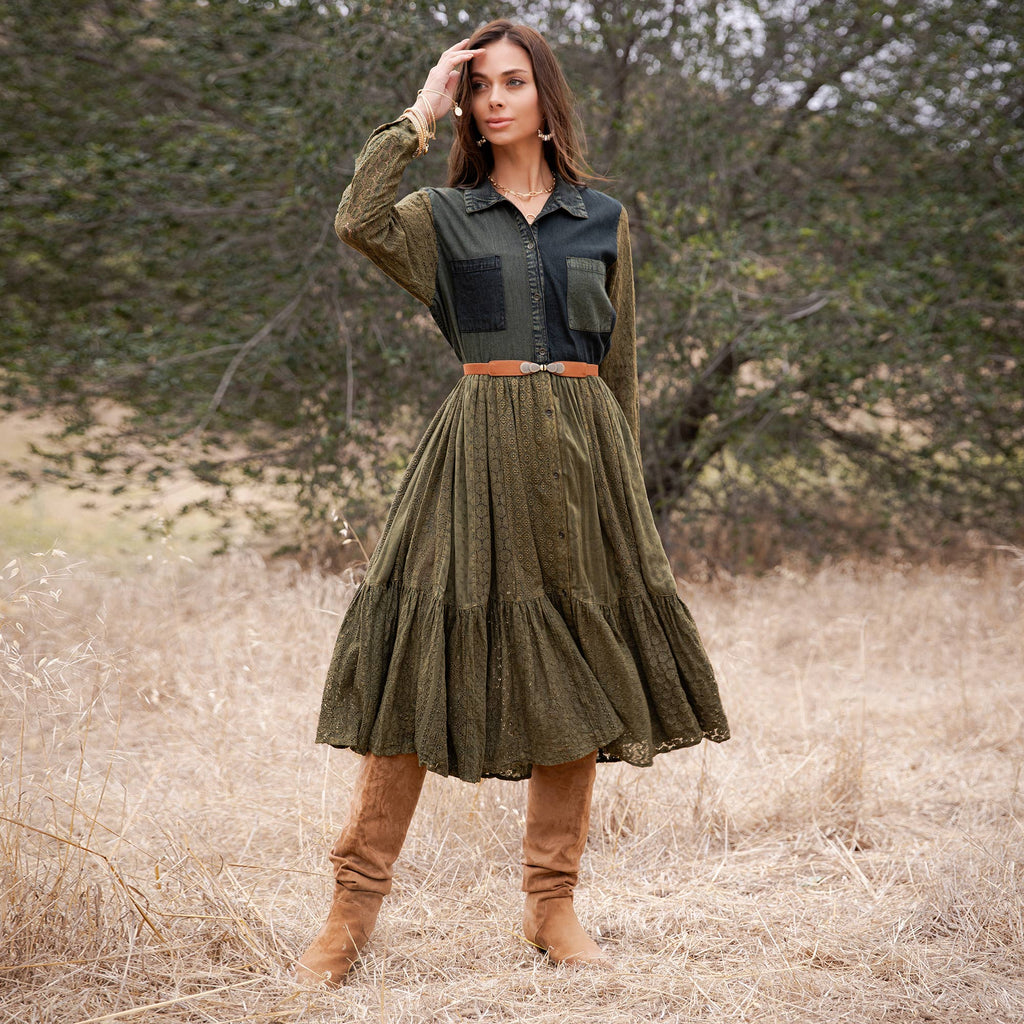 Vintage Bohemian Tiered Midi Dress - Boho Eyelet NEW: GRAVEL / REGULAR (S-M-L-XL 2-2-2-1)