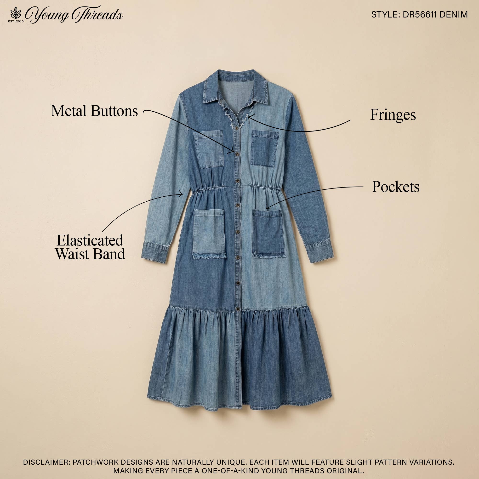 Vintage Bohemian Tiered Midi Dress - Boho Eyelet NEW: GRAVEL / REGULAR (S-M-L-XL 2-2-2-1)