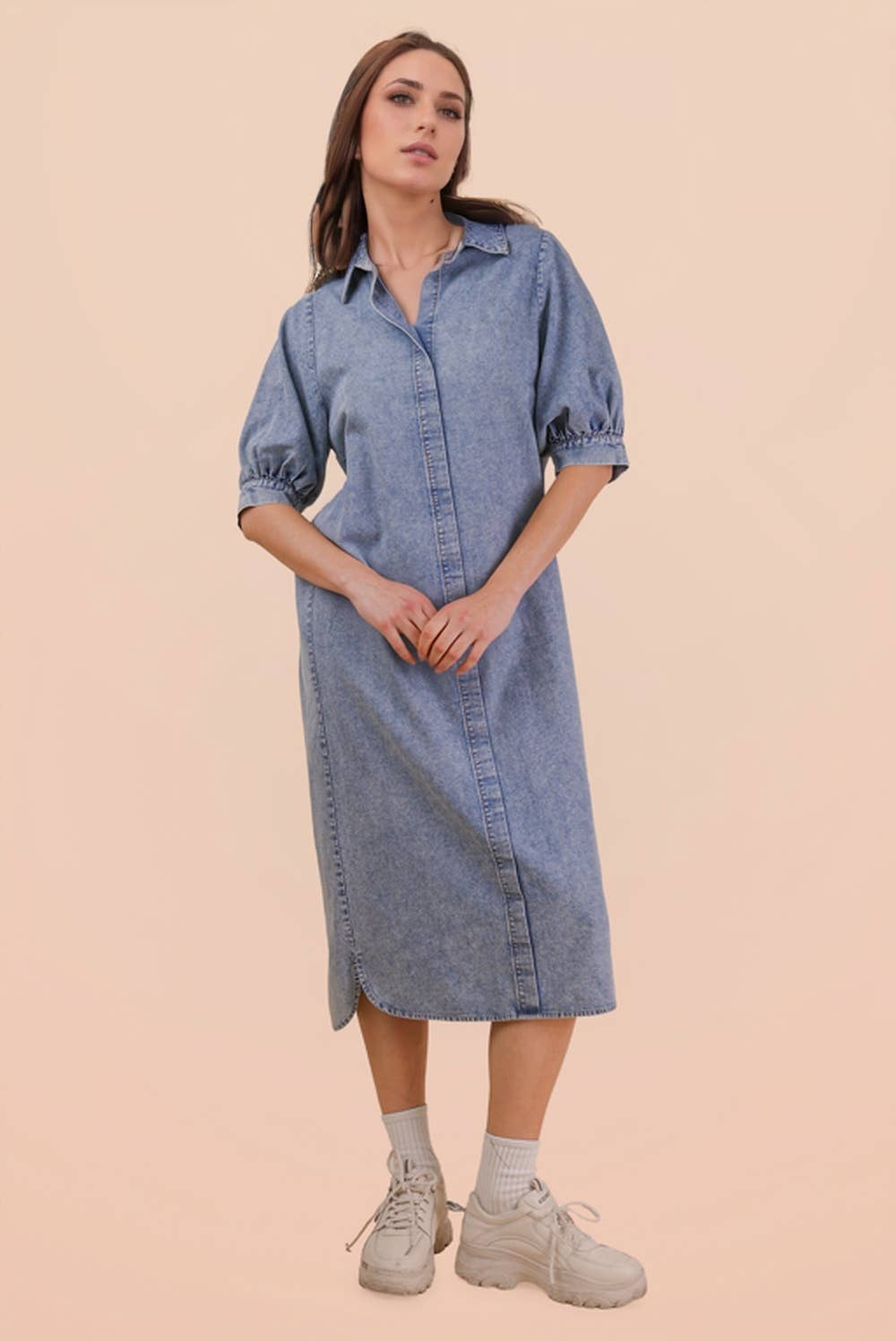 Washed Denim Casual Shirt Midi Dress Indigo