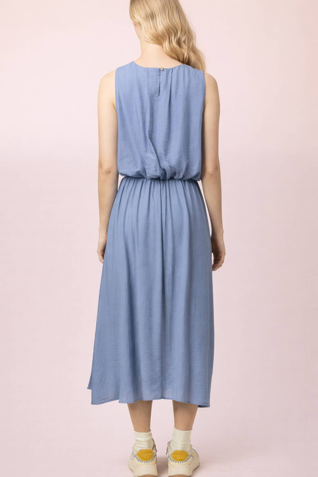 NT12643SET-Pleated Bubble Blouse Top & Midi Skirt Set: DENIM / S-M-L/2-2-2