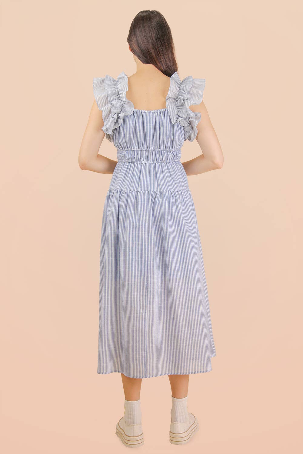 ND32033-Shoulder Ruffle Detail Stripe Midi Dress: GREEN / S-M-L/2-2-2