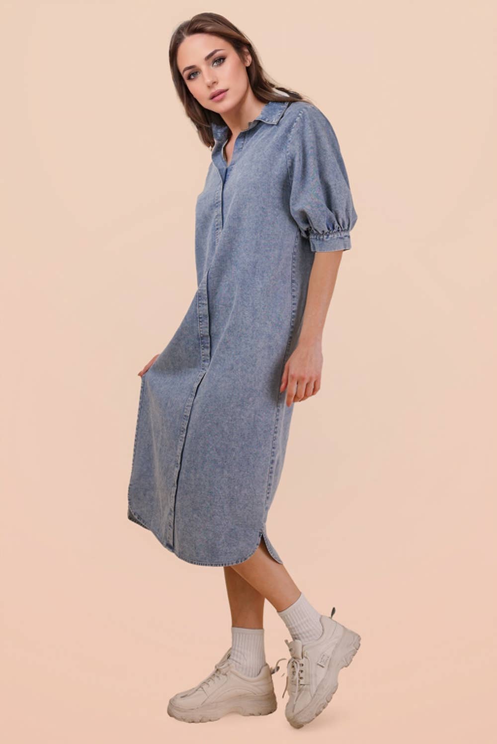 Washed Denim Casual Shirt Midi Dress Indigo