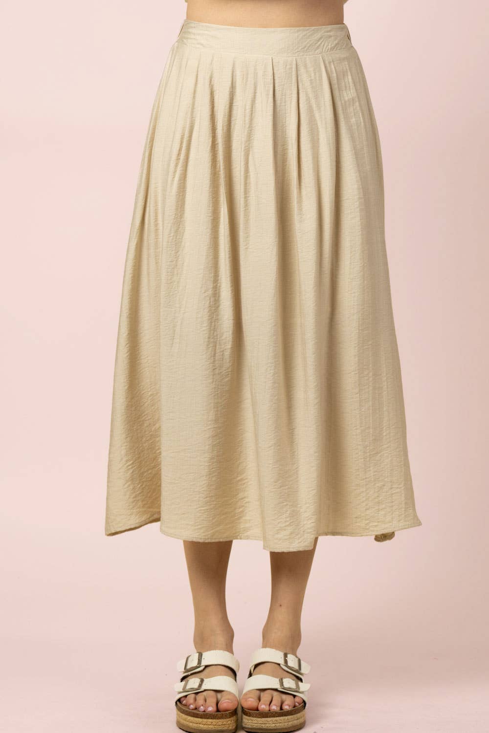 NT12643SET-Pleated Bubble Blouse Top & Midi Skirt Set: DENIM / S-M-L/2-2-2